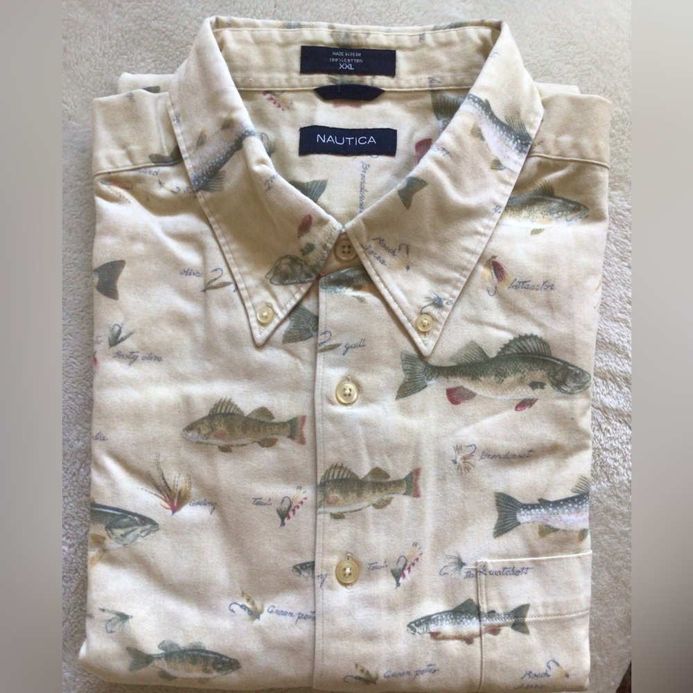 Nautica Cream Fish Print Casual Button Down Shirt
